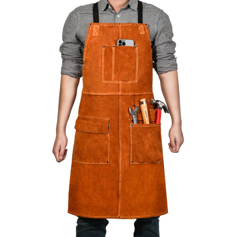LeaSeek Leather Welding Work Apron,Woodworking Shop Apron,Heat Resistant & Flame Resistant Bib Apron, Flame Retardant Heavy Duty BBQ Apron, Adjustable Fit M-XXXL Men & Women - Image 1